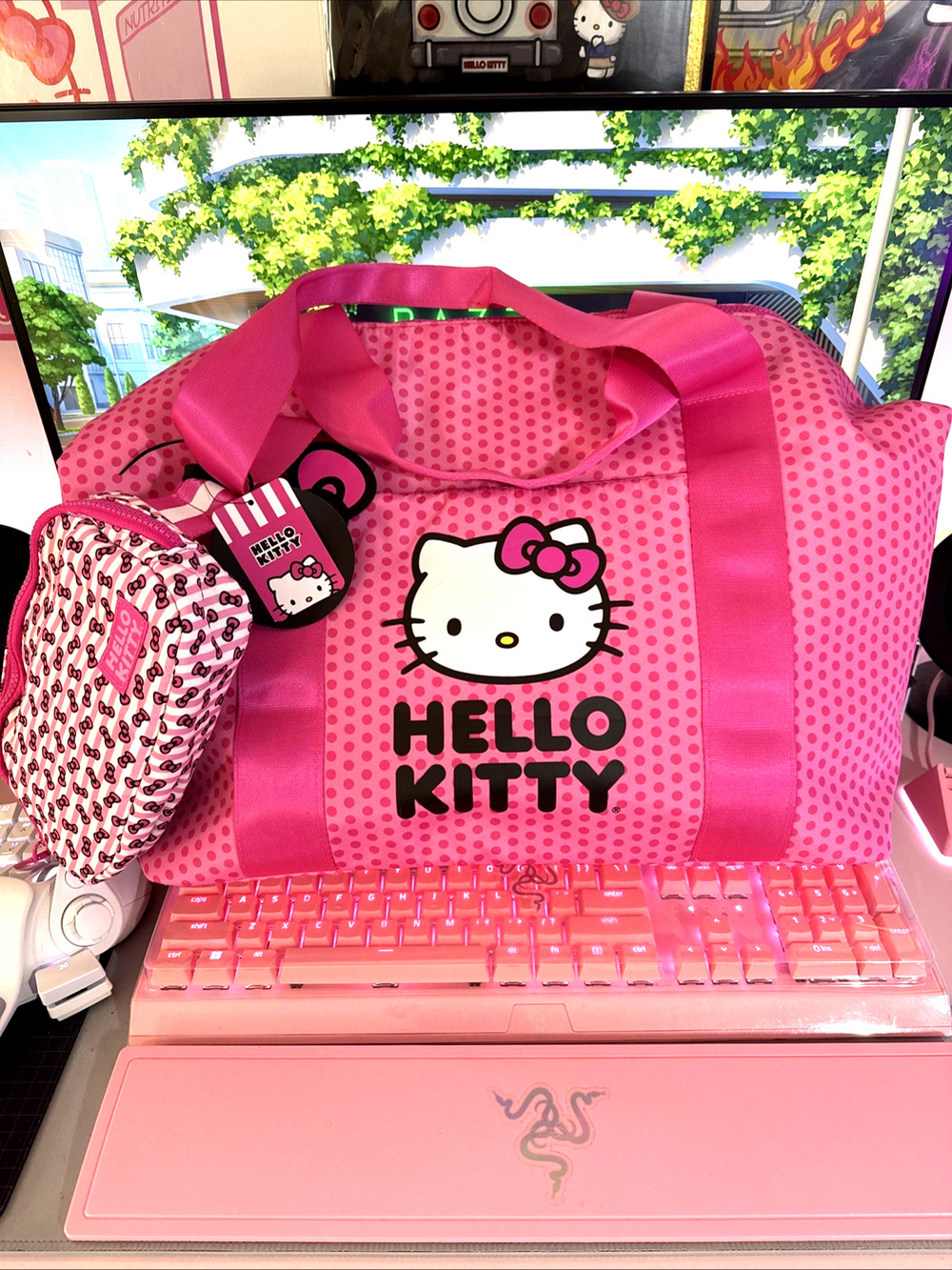 Sanrio Hello Kitty Pink Tote Travel Large Weekender Luggage Hip Bag Tag 3 Piece